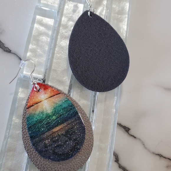 Ocean Sunset Faux Leather Teardrop Earrings - Picture 7 of 13